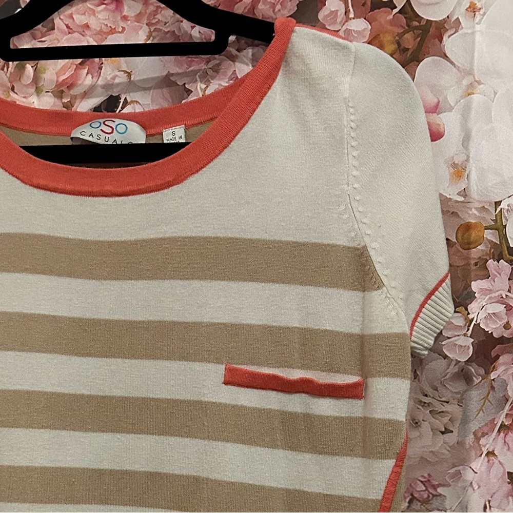 OSO size small, striped, crew neck, short sleeved, light sweater.